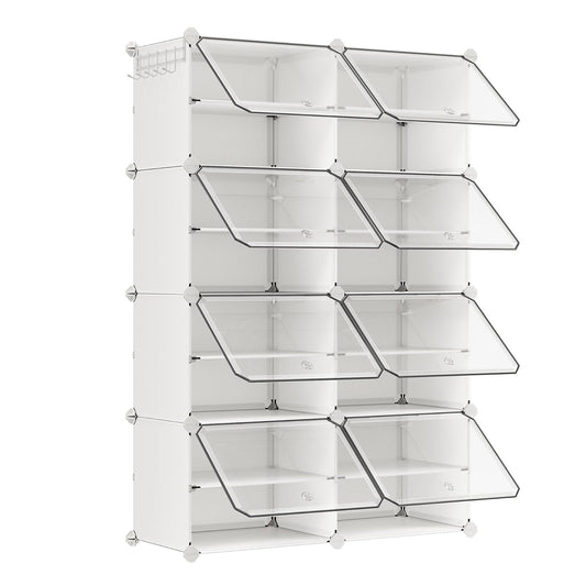 SONGMICS Zapatero Organizador de 8 Cubos con Puertas para 32 Pares, Marco de Acero y Panel de Plástico Blanco ULPC034W01