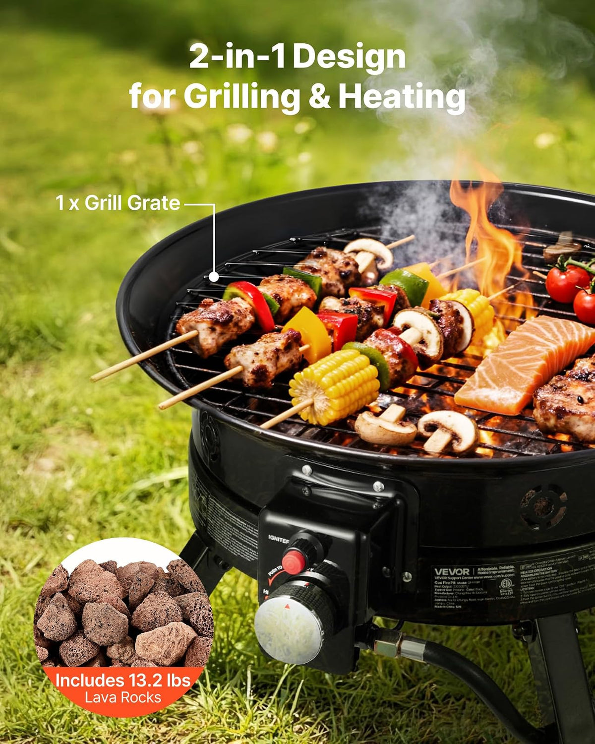VEVOR Fogón de propano de 24 Pulgadas, fogón de Gas portátil de 53 000 BTU, con Parrilla y Rocas volcánicas, Llama Ajustable, Patas Plegables, fogón Exterior sin Humo para acampadas, Patios, Jardines