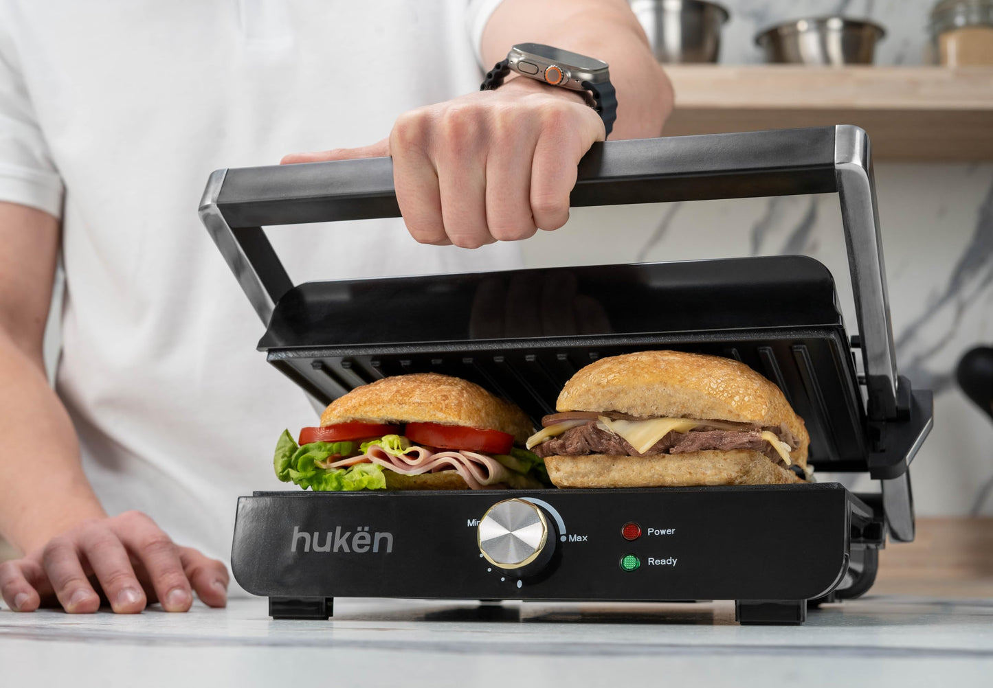 Hukën x MasterChef | Parrilla Eléctrica Multifuncional XL GRILL PRO | Apertura 180° | Perilla de Temperatura | Parrillas Antiadherentes | Bandeja de Goteo | Diseño Acero Inoxidable