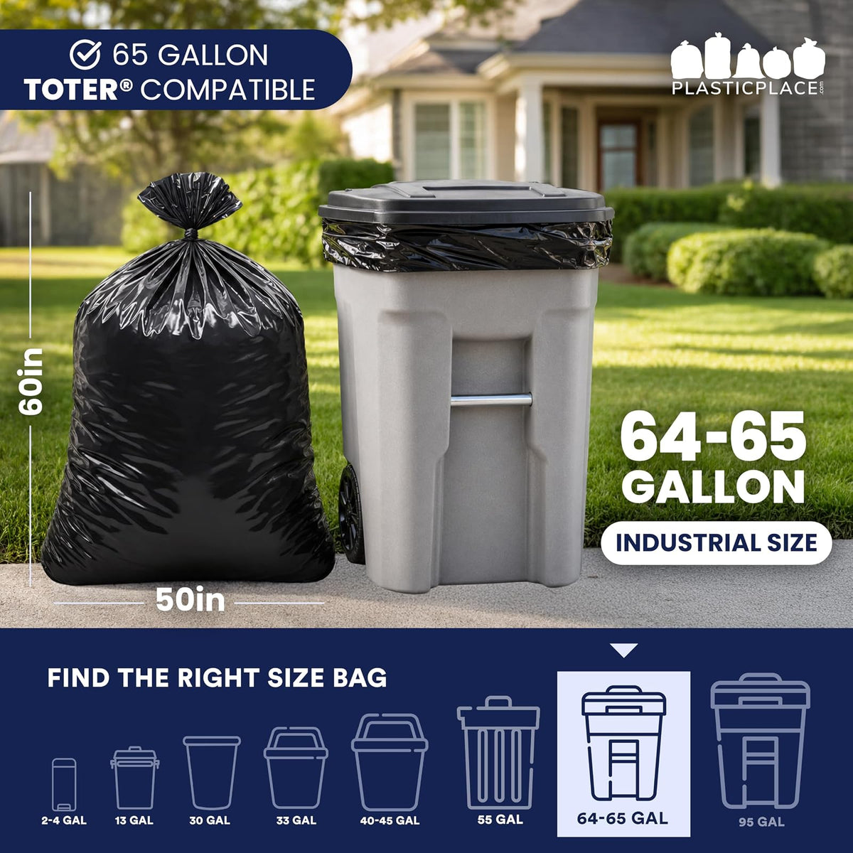 Plasticplace Bolsas de basura de 64 a 65 galones para Toter │ 1,2 mil │ Bolsas de basura negras resistentes │ Rollo │ 50 pulgadas x 60 pulgadas (25 unidades)