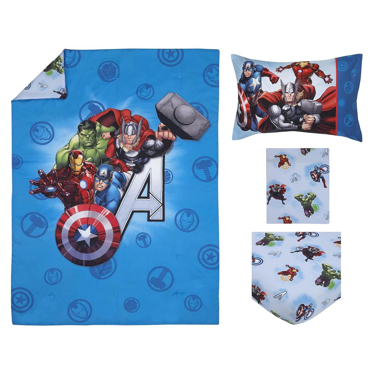 Disney Marvel Avengers Fight The Foes, Juego de Cama, 4 Piezas, Color Azul, Rojo, Verde Hulk, Iron Man, Thor, Capitán América, edredón, sábana Bajera Ajustable, sábana y Funda de Almohada Reversible