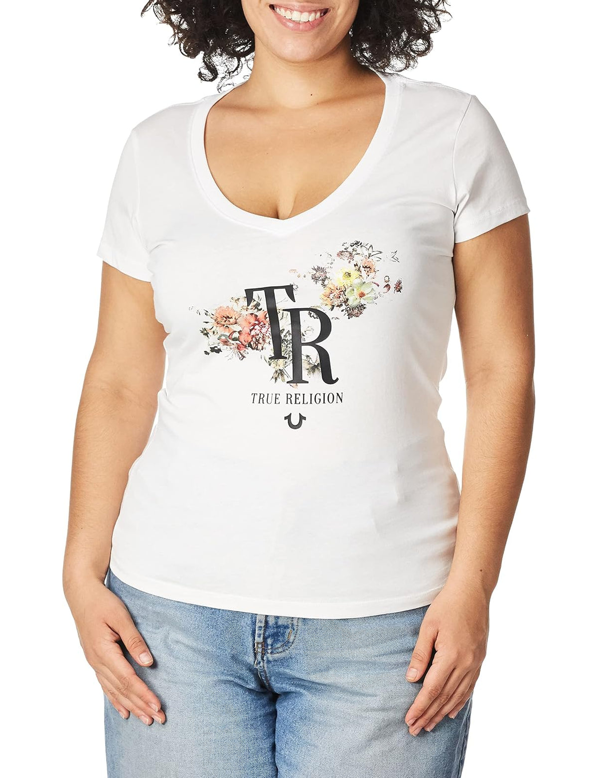 True Religion Camiseta de Manga Corta con Cuello en V Camiseta para Mujer