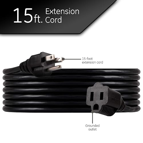 GE Cable de extensión UltraPro de 15 pies, doble aislamiento, interior/exterior, uso general, 3 cables, calibre 16, ideal para iluminación exterior, listado UL, negro, 36824-T1