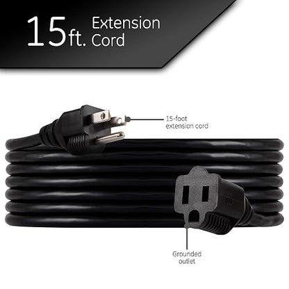 GE Cable de extensión UltraPro de 15 pies, doble aislamiento, interior/exterior, uso general, 3 cables, calibre 16, ideal para iluminación exterior, listado UL, negro, 36824-T1