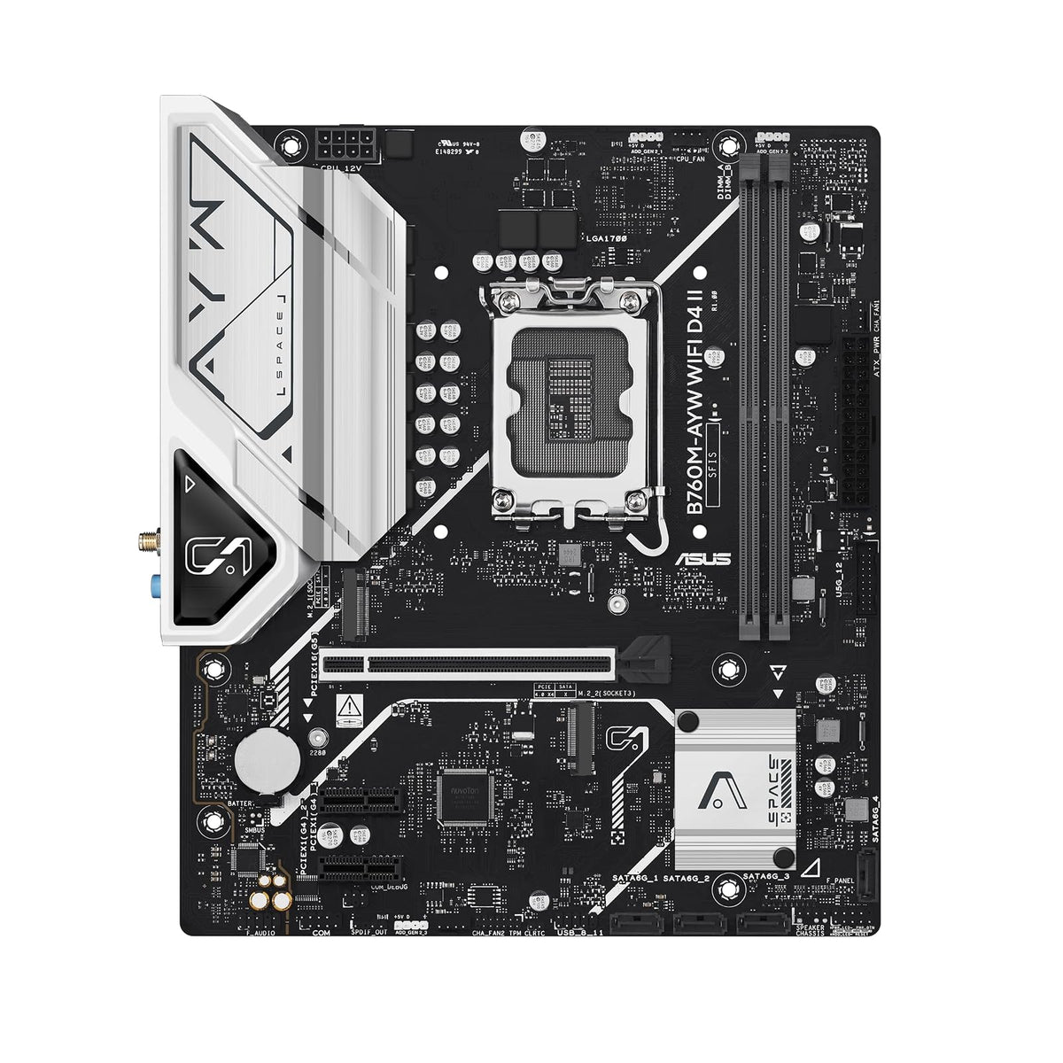 ASUS B760M-AYW WiFi D4 II Placa Base microATX Intel B760 LGA 1700 | Compatibilidad PCIe 5.0 x16, dos ranuras M.2, DDR4, Realtek 2.5Gb Ethernet, Wi-Fi 6, HDMI, USB frontal 5Gbps