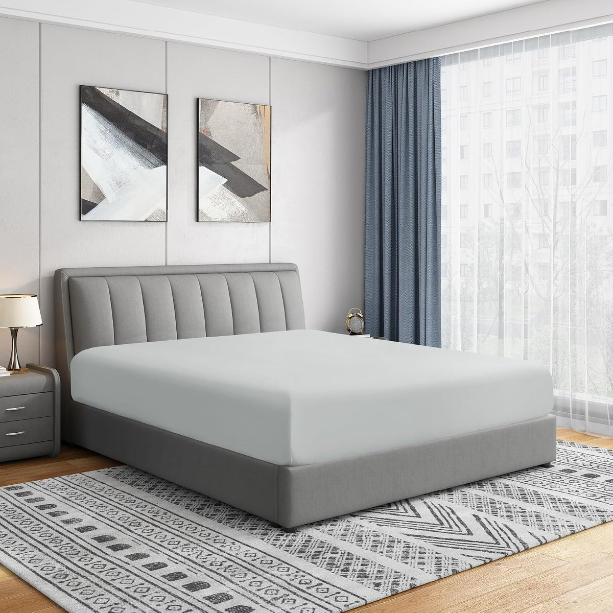 Cathay Home Sábana Bajera Ajustable Doble Cepillado Ultra Suave - Individual - Gris claro - Bolsillo estándar