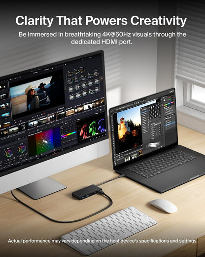 Belkin Hub USB C, concentrador de 7 Puertos con visualización HDMI 4K a 60Hz, SD y MicroSD, Entrega de energía de 100 W, Transferencia de Datos rápida de 5 Gbps, Adaptador multipuerto USB C para
