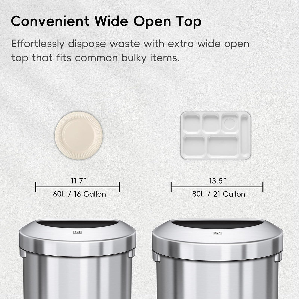 EKO Urban Bote de Basura Comercial 60 L con Tapa Abierta | Acero inoxidable cepillado, sin tapa, bandeja drenaje, asa transporte