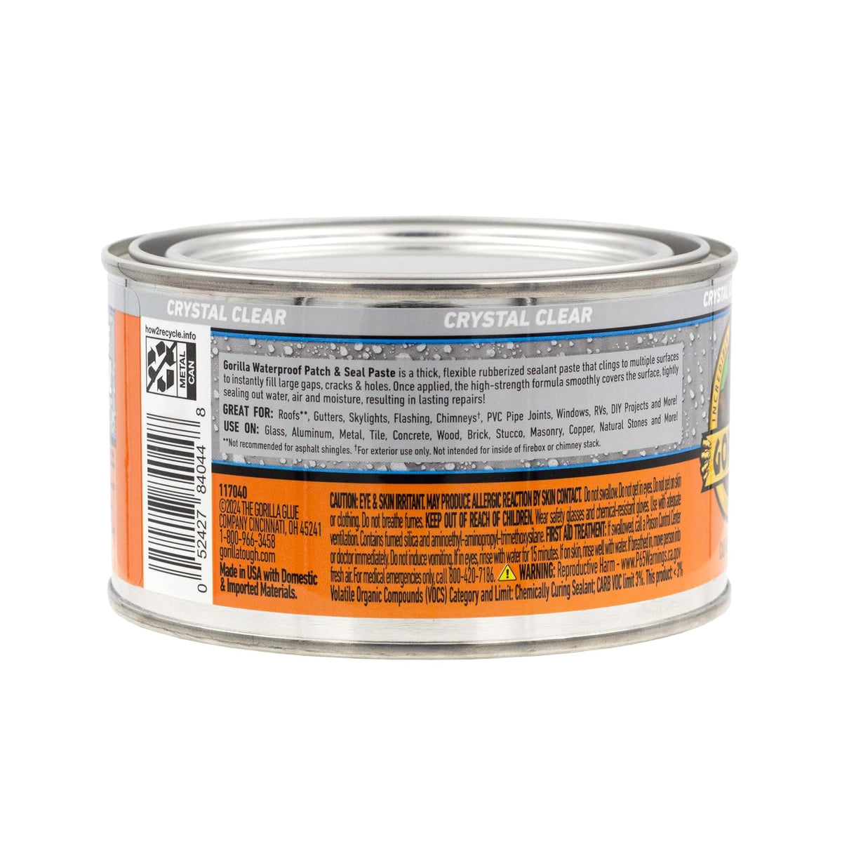 Gorilla - Pasta selladora de goma impermeable con parche y sello, lata de 12 onzas, transparente (paquete de 1) - Detiene fugas, relleno flexible de huecos y grietas, resistente al encogimiento y al