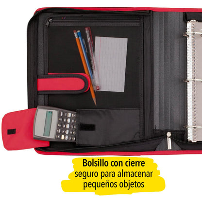 Five Star Carpeta de Tela con Cierre de 2" de 3 Argollas, Archivo Expandible y Organizador, Capacidad 380/880 Hojas. Rojo-Negro. 72538