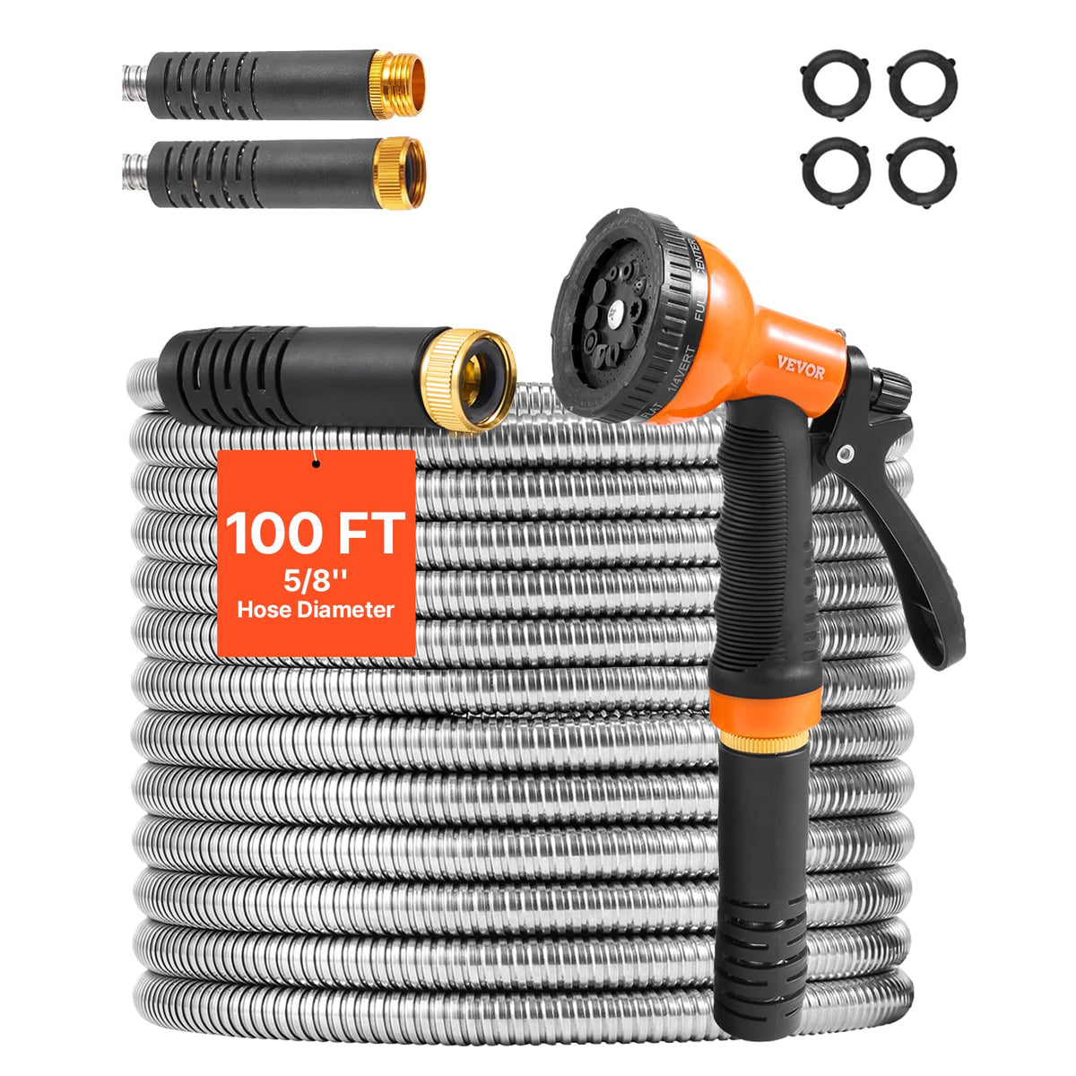 VEVOR - Manguera de jardín de metal de 100 pies, manguera de agua de acero inoxidable a prueba de óxido, manguera de agua resistente con boquilla de 10 funciones, tubo de agua flexible y sin