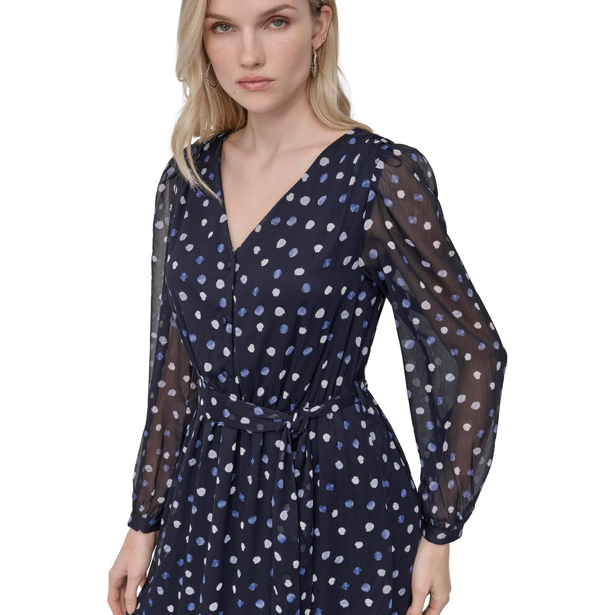 DKNY Long Sleeve V-Neck Tie Waist Midi Dress Vestido Mujer