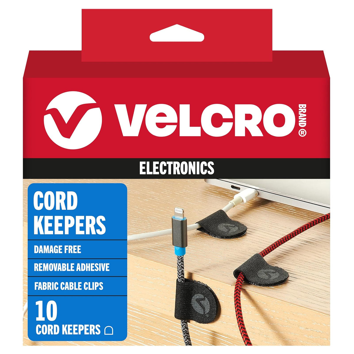 VELCRO Brand Cord Keepers | Soft Nylon Cable Clips Organize Wires in Home, Office, Desk or Nightstand | Removable Adhesive Back Holds Secure, Removes Clean | 10pk, Black