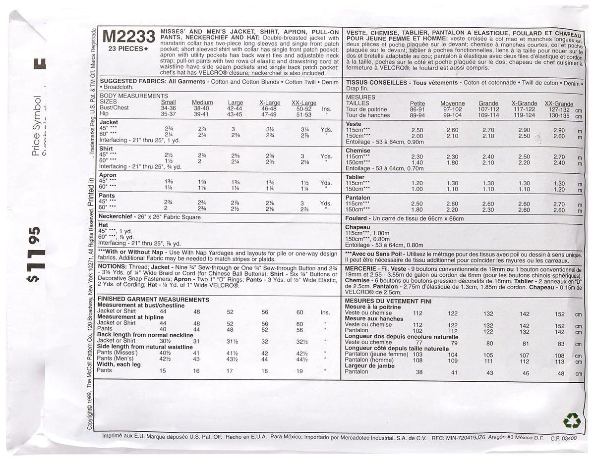 McCall's Patterns M2233 - Patrones de Costura para Chamarra, Camisa, Delantal, Pantalones, pañuelo y Sombrero para Mujer, SML, 1