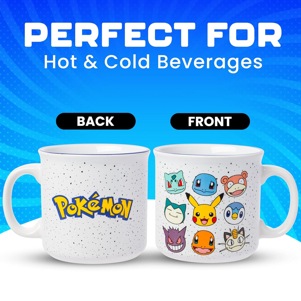 Silver Buffalo Pokemon Bulbasaur, Squirtle, Slowpoke, Snorlax, Pikachu, Piplup, Haunter, Charmander y Meowth Camper Taza, 20 onzas