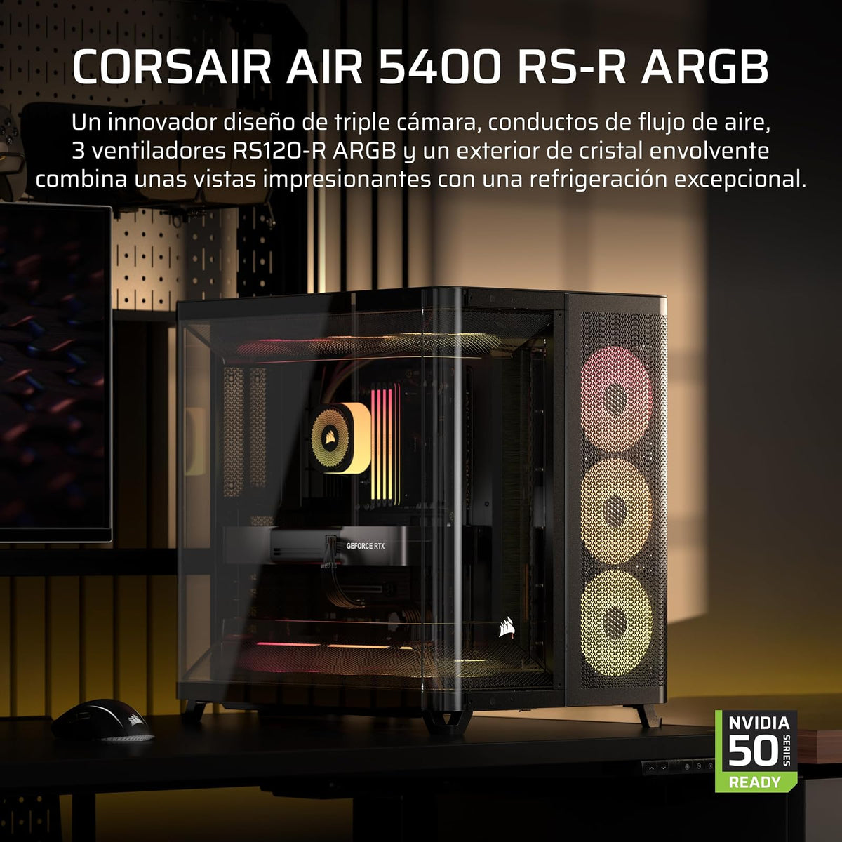 Corsair Air 5400 RS-R ARGB Caja para PC Semitorre – Negro | Panorámica, Triple Cámara, 3 ventiladores RS120-R ARGB Reverse-Rotor preinstalados, conductos de alto flujo y bajo ruido
