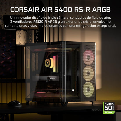 Corsair Air 5400 RS-R ARGB Caja para PC Semitorre – Negro | Panorámica, Triple Cámara, 3 ventiladores RS120-R ARGB Reverse-Rotor preinstalados, conductos de alto flujo y bajo ruido