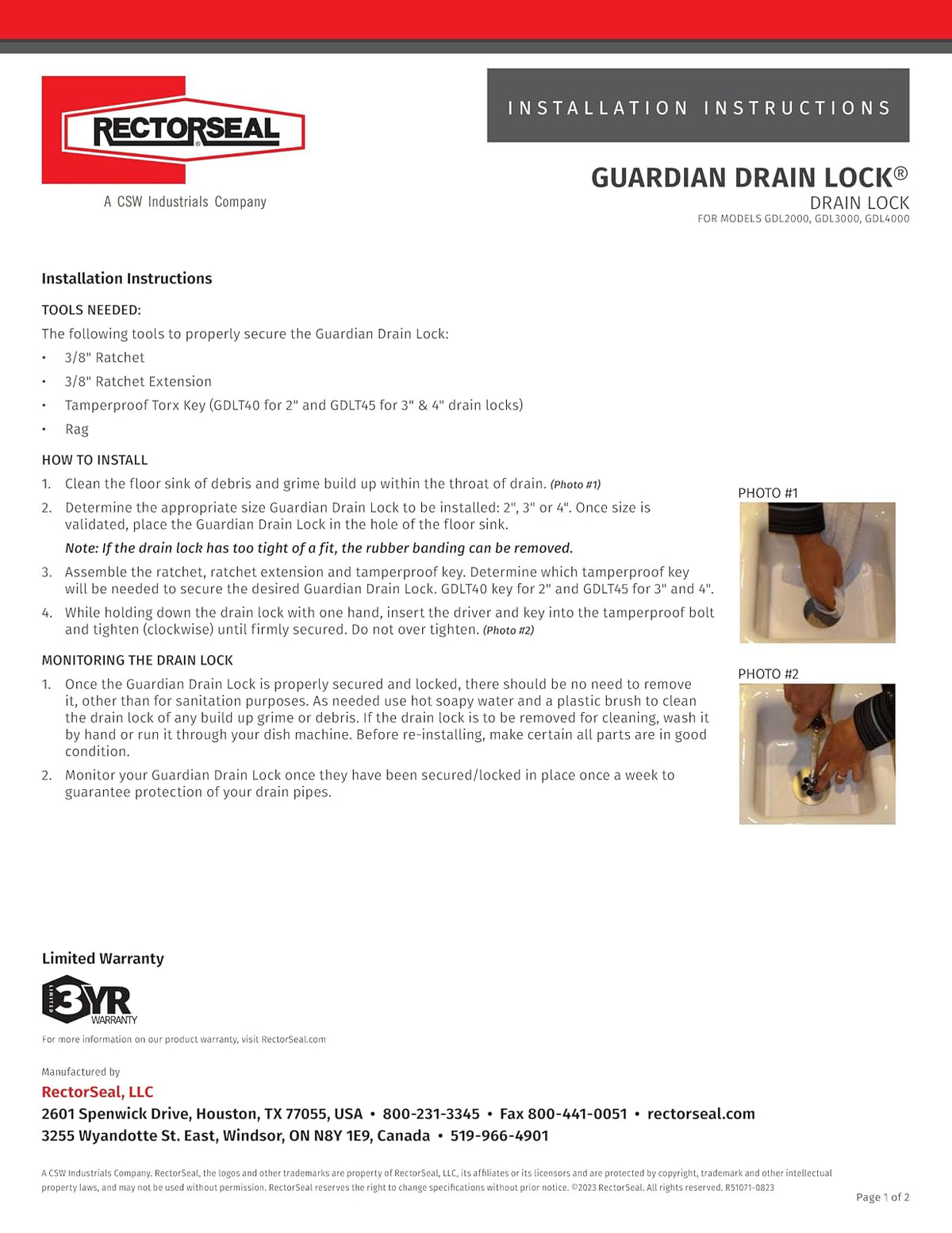 RectorSeal Guardian Drain Lock GDL3000 - Drenaje para fregadero de piso, diseño innovador para restaurantes, fábricas y otros usos comerciales, redondo de 3 pulgadas, fontanería