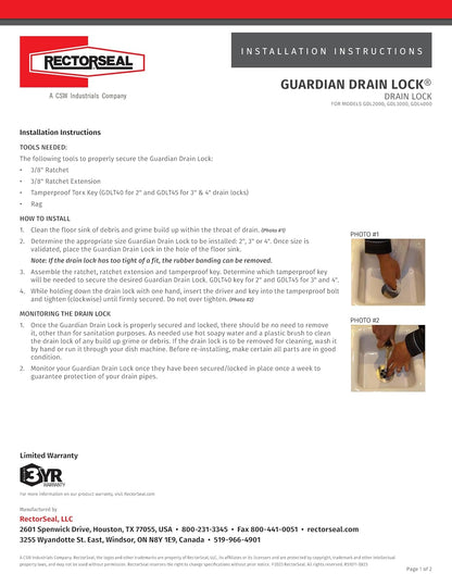 RectorSeal Guardian Drain Lock GDL3000 - Drenaje para fregadero de piso, diseño innovador para restaurantes, fábricas y otros usos comerciales, redondo de 3 pulgadas, fontanería