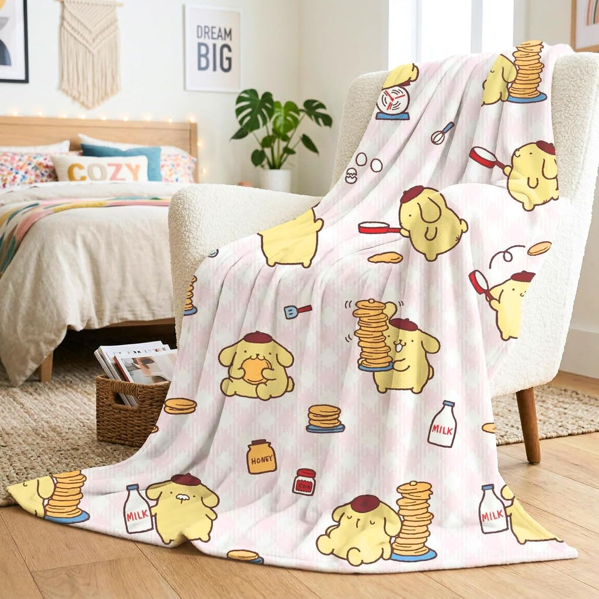 Franco Manta Infantil Sanrio - Keroppi y Pompompurin - 62 in x 90 in - Pompompurin Pancake Lover