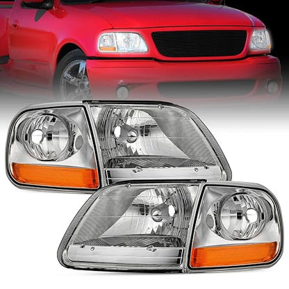 Nilight Conjunto de Faros Delanteros Cromados con Reflector Ámbar para Ford F-150 y Expedition 1997-2003 NA185