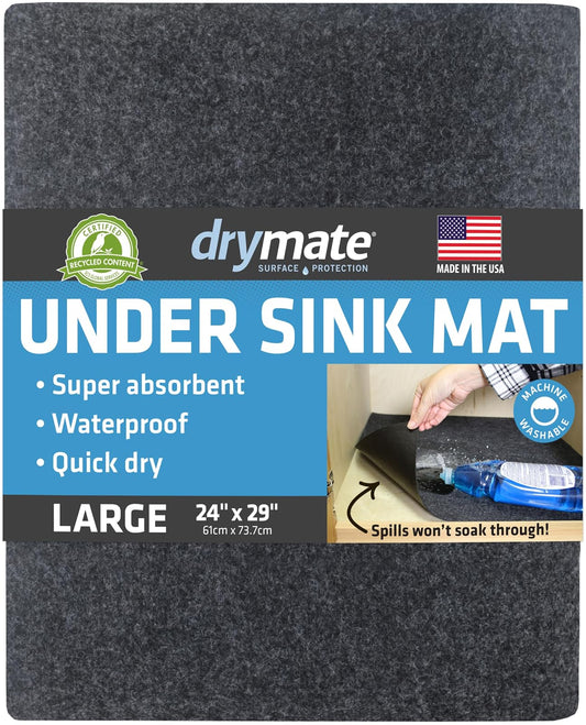 Drymate Tapete impermeable para debajo del fregadero, tapete de protección para gabinete para cocina y baño, forro absorbente, antideslizante, no calcomanía, lavable a máquina, duradero (hecho en Estados Unidos) (24 x 29 pulgadas) (carbón)