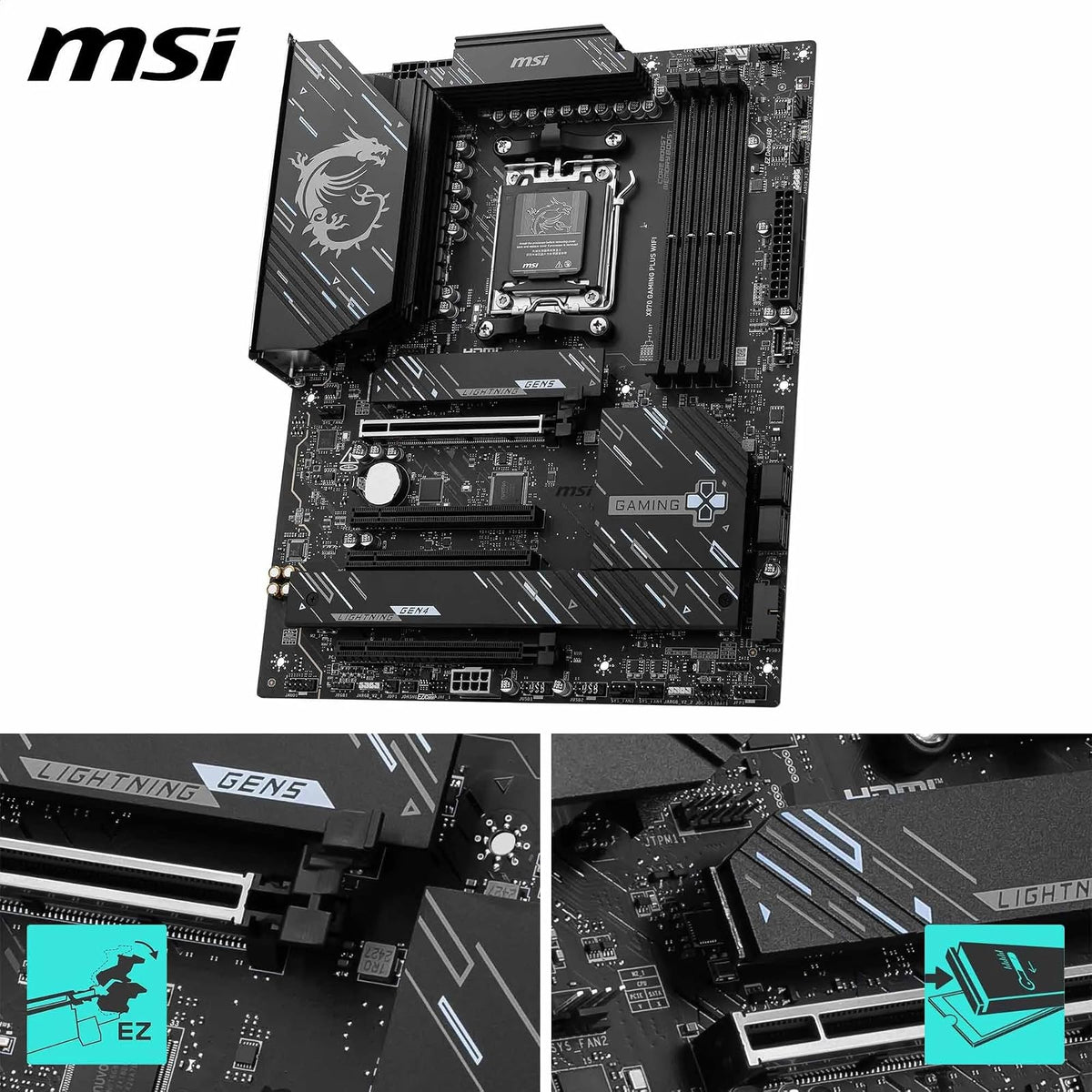 MSI X870 Gaming Plus WiFi V1 Motherboard, ATX-Compatible con procesadores AMD Ryzen 9000/8000/7000, AM5-60A SPS VRM, DDR5 Memory Boost 8200+ MT/s (OC), PCIe 5.0 x16 y 4.0 x16, M.2 Gen5, Wi-Fi 7. LAN