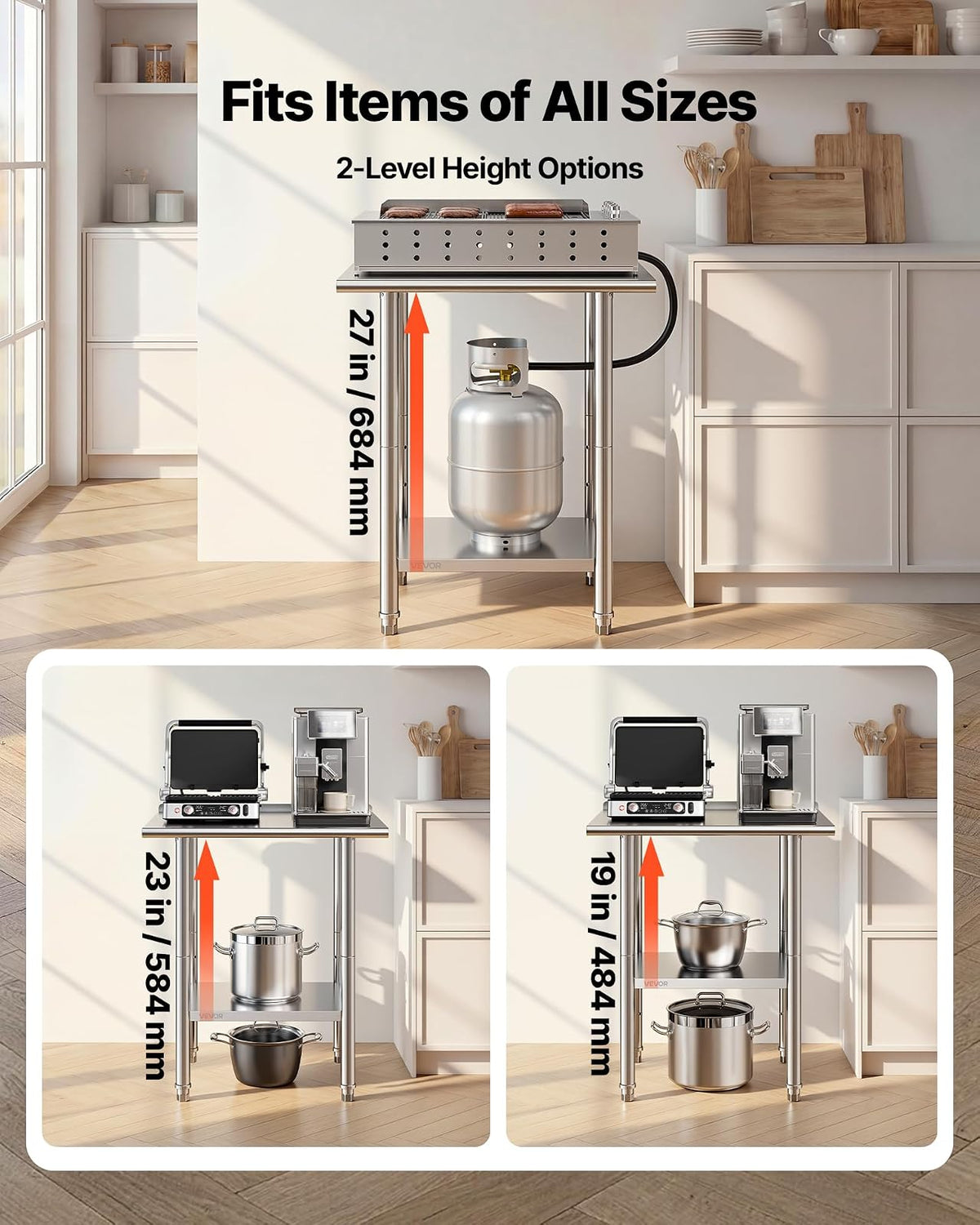 VEVOR Mesa de Trabajo de Acero Inoxidable 2 Niveles, Mesa de Preparación de Alimentos 76,2x61x89,4 cm, Estante Inferior Ajustable, Protector contra Salpicaduras, para Restaurantes, Bares, Hoteles