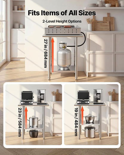 VEVOR Mesa de Trabajo de Acero Inoxidable 2 Niveles, Mesa de Preparación de Alimentos 76,2x61x89,4 cm, Estante Inferior Ajustable, Protector contra Salpicaduras, para Restaurantes, Bares, Hoteles