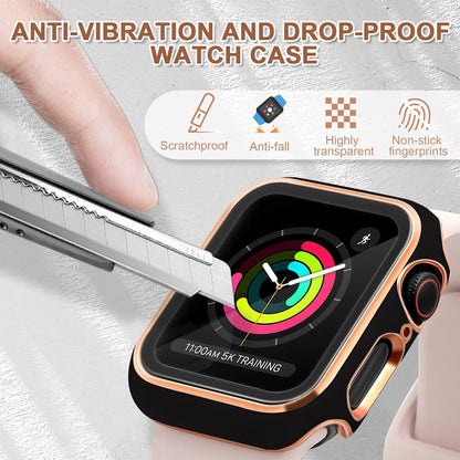 ORIbox Funda rígida de policarbonato con protector de visualización de vidrio templado compatible con Apple Watch Series 3 y Apple Watch Series 2, cobertura completa, cubierta protectora ultrafina HD, negro y oro rosa