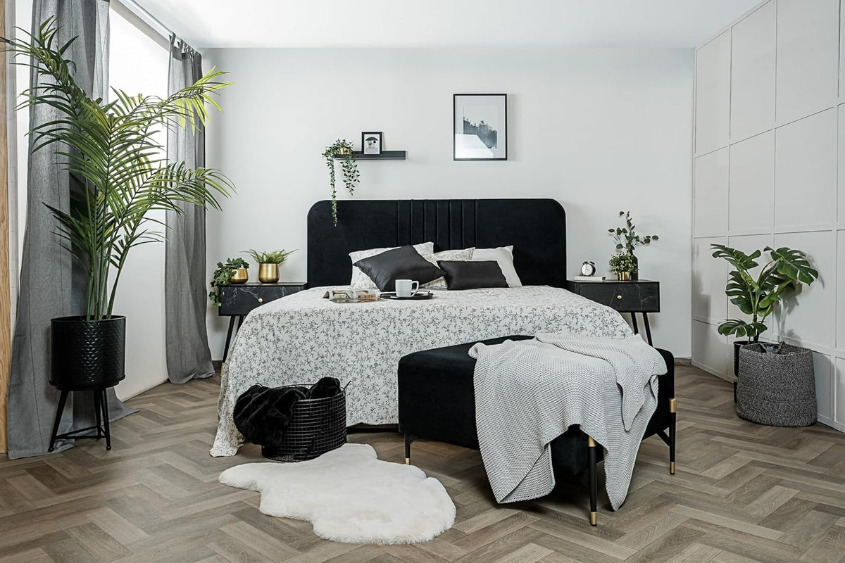 Sochic Cabecera para Cama Tamaño Individual y Matrimonial Tapizada en Tela Chenille Negra con Estructura de Madera Industrial.