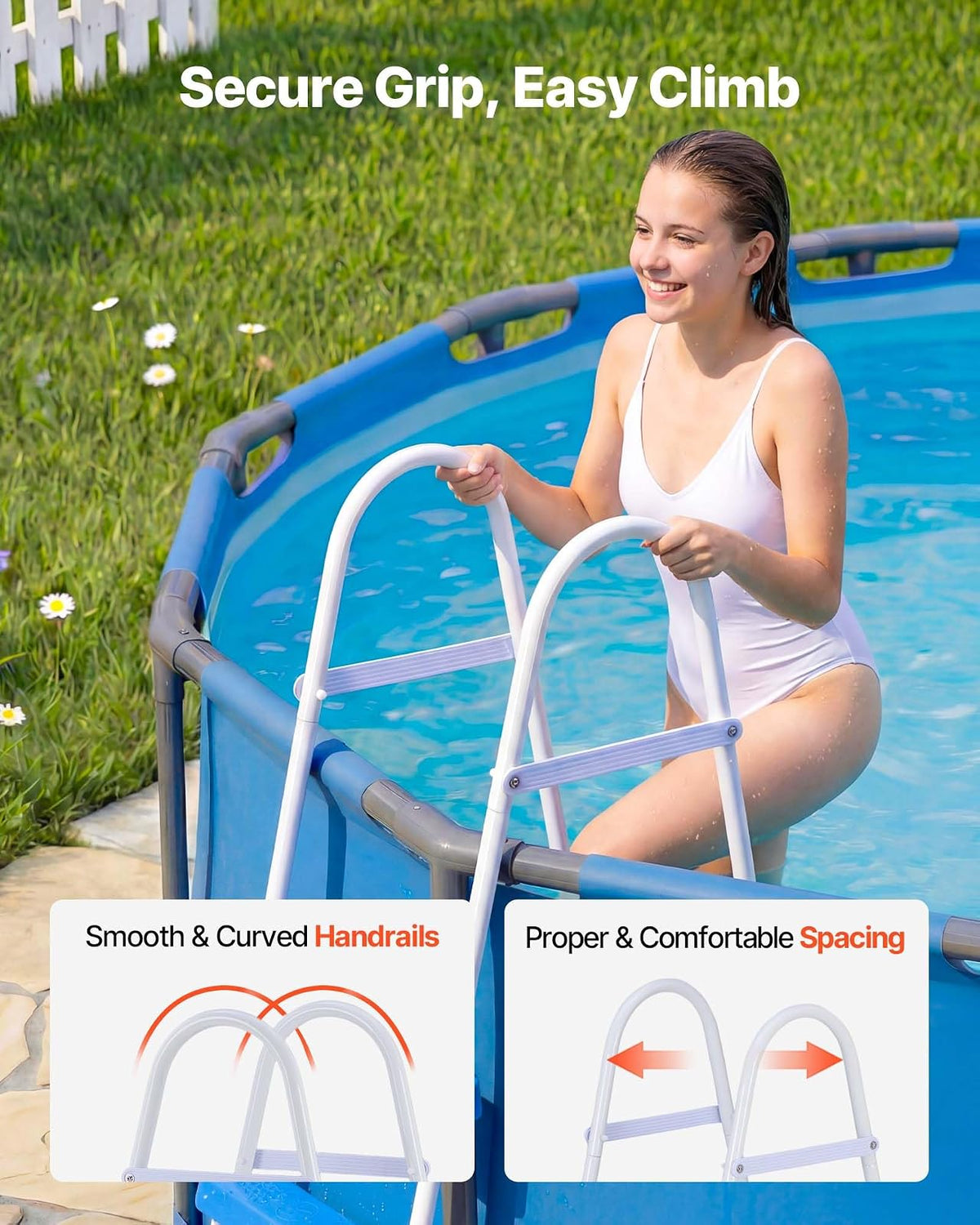 VEVOR Escalera para Piscina Desmontable de 3 Peldaños hasta 136 kg, Escalera de Seguridad de Acero al Carbono Antideslizante con Pasamanos Ergonómicos, Patas de Goma para Piscina Elevada de 91,4 cm