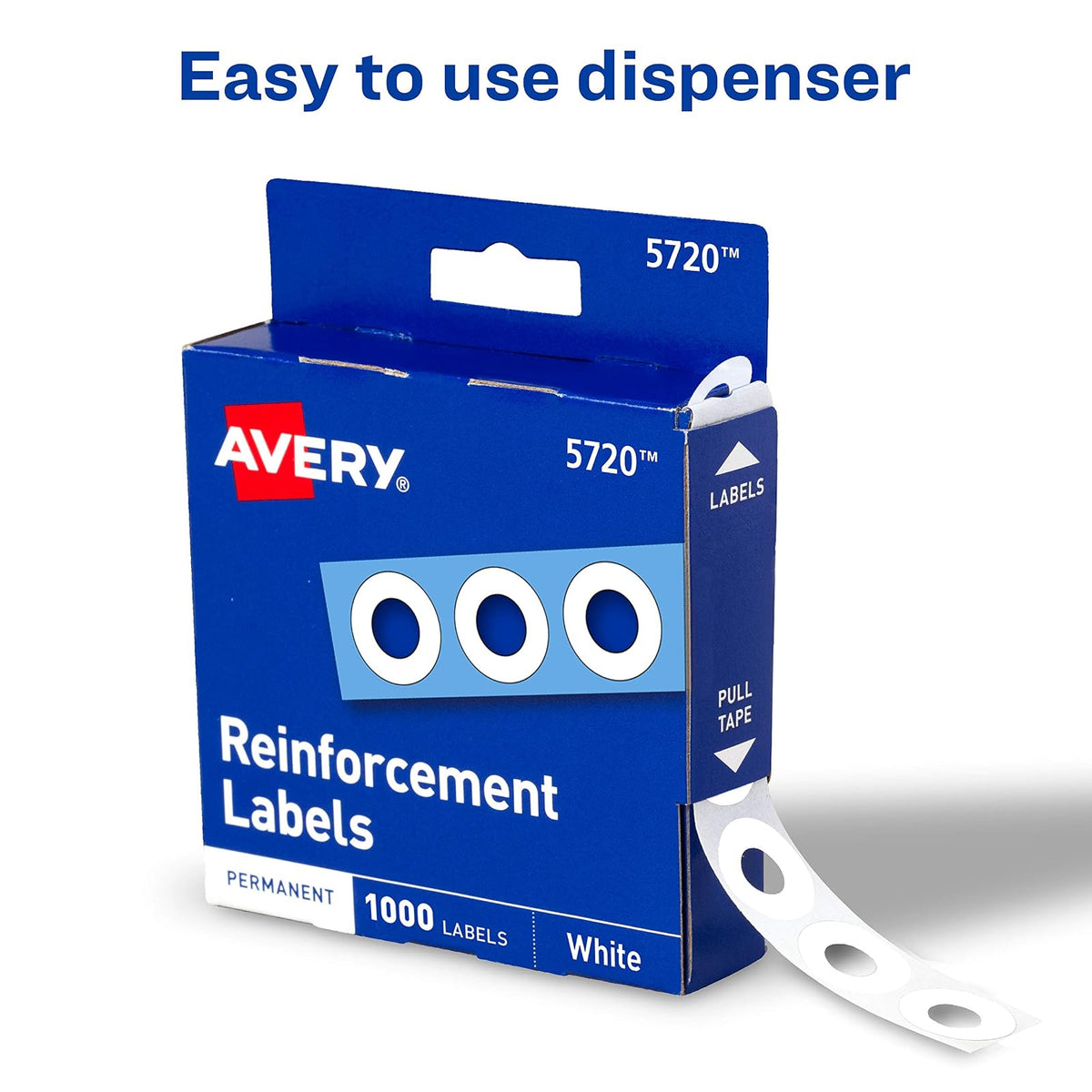 Avery Refuerzos autoadhesivos de polivinilo con diámetro estándar, color blanco, 1000 unidades por paquete (5720)