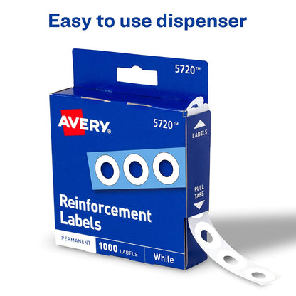 Avery Refuerzos autoadhesivos de polivinilo con diámetro estándar, color blanco, 1000 unidades por paquete (5720)