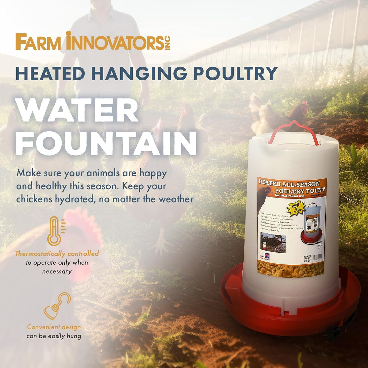 Farm Innovators Model HPF-100 All-Seasons Heated Plastic Poultry Fountain, 3 Gallon, 100-Watt