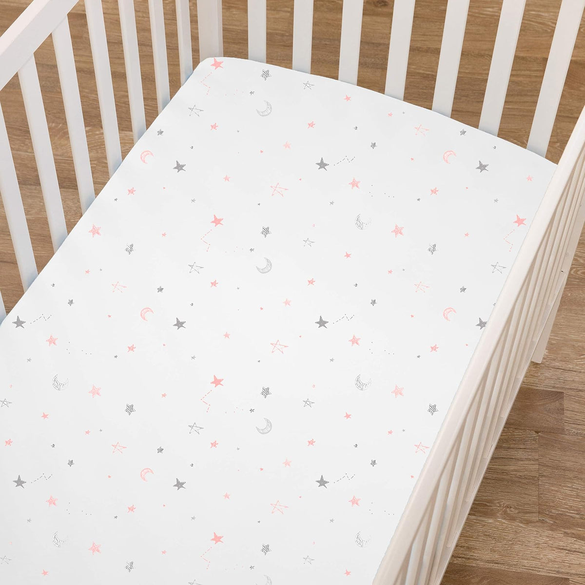 American Baby Company - Sábana Bajera Ajustable de 100% algodón Natural de 52 x 28 Pulgadas, Suave, Transpirable, hipoalergénica y Suave, con Estrellas Rosas y Lunas, Neutro para niños y niñas