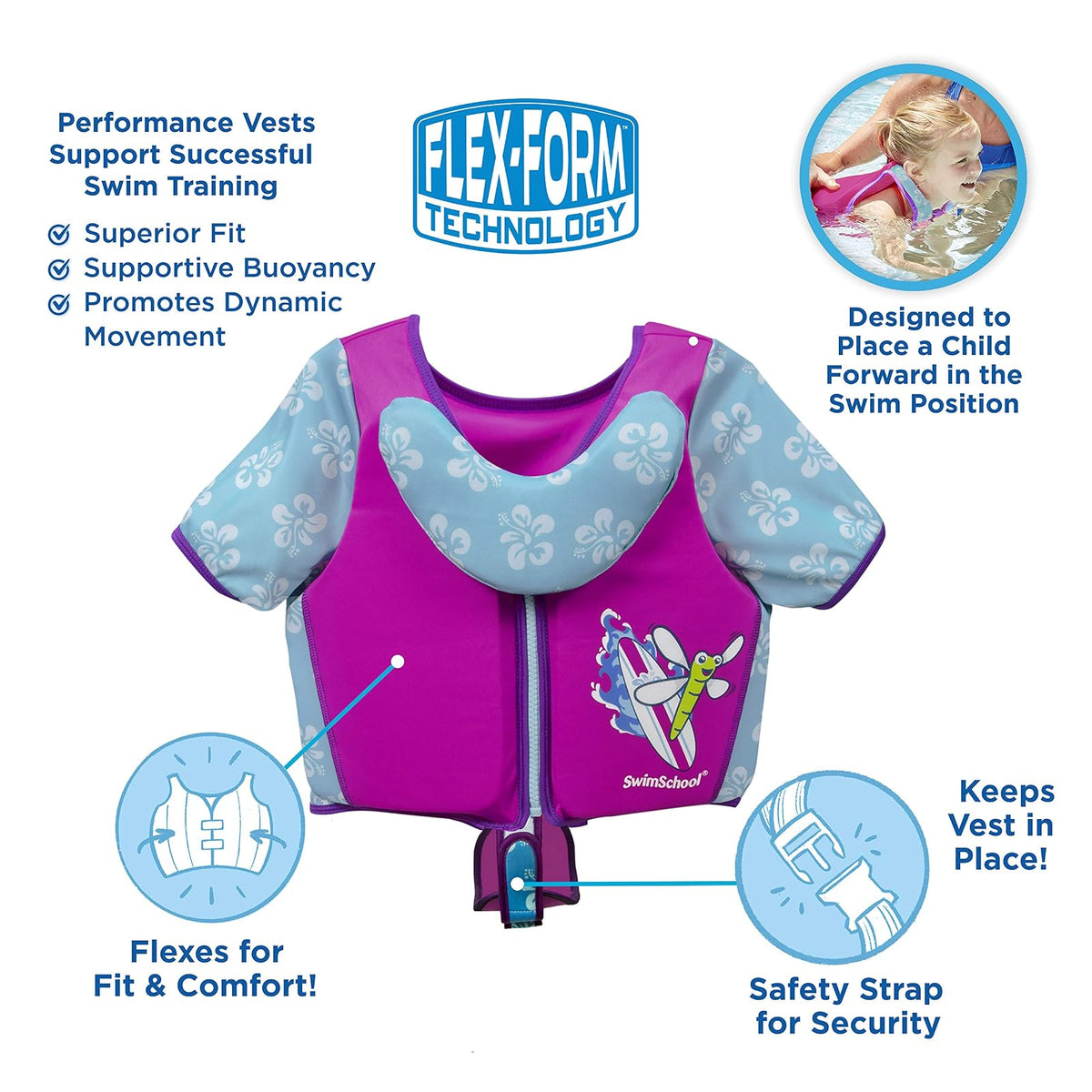 Swimschool - Entrenador de natación, talla pequeña/mediana, chaleco de natación con mangas para los hombros, correa de seguridad ajustable y cuello extraíble para la barbilla, rosa y aguamarina