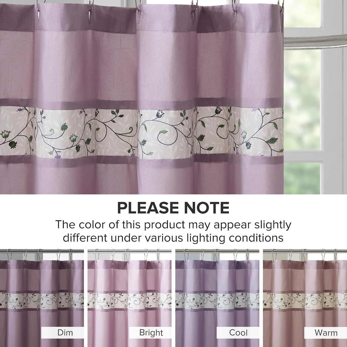 Serene Faux Silk Embroidered Floral Shower Curtain Purple 72x72" | Añade privacidad, lavable a máquina, patrón floral, certificado OEKO-TEX