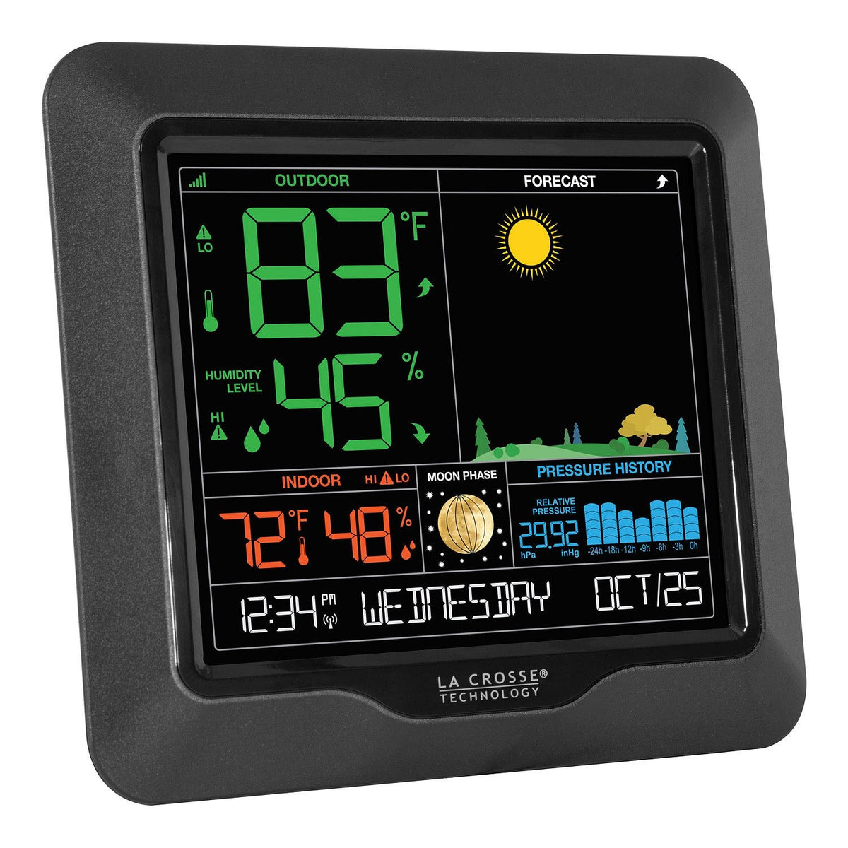 La Crosse Technology - Estación de pronóstico de color - visualización grande, alertas de temperatura/humedad, escenas estacionales - Monitoreo interior/exterior, registros HI/LO, presión barométrica