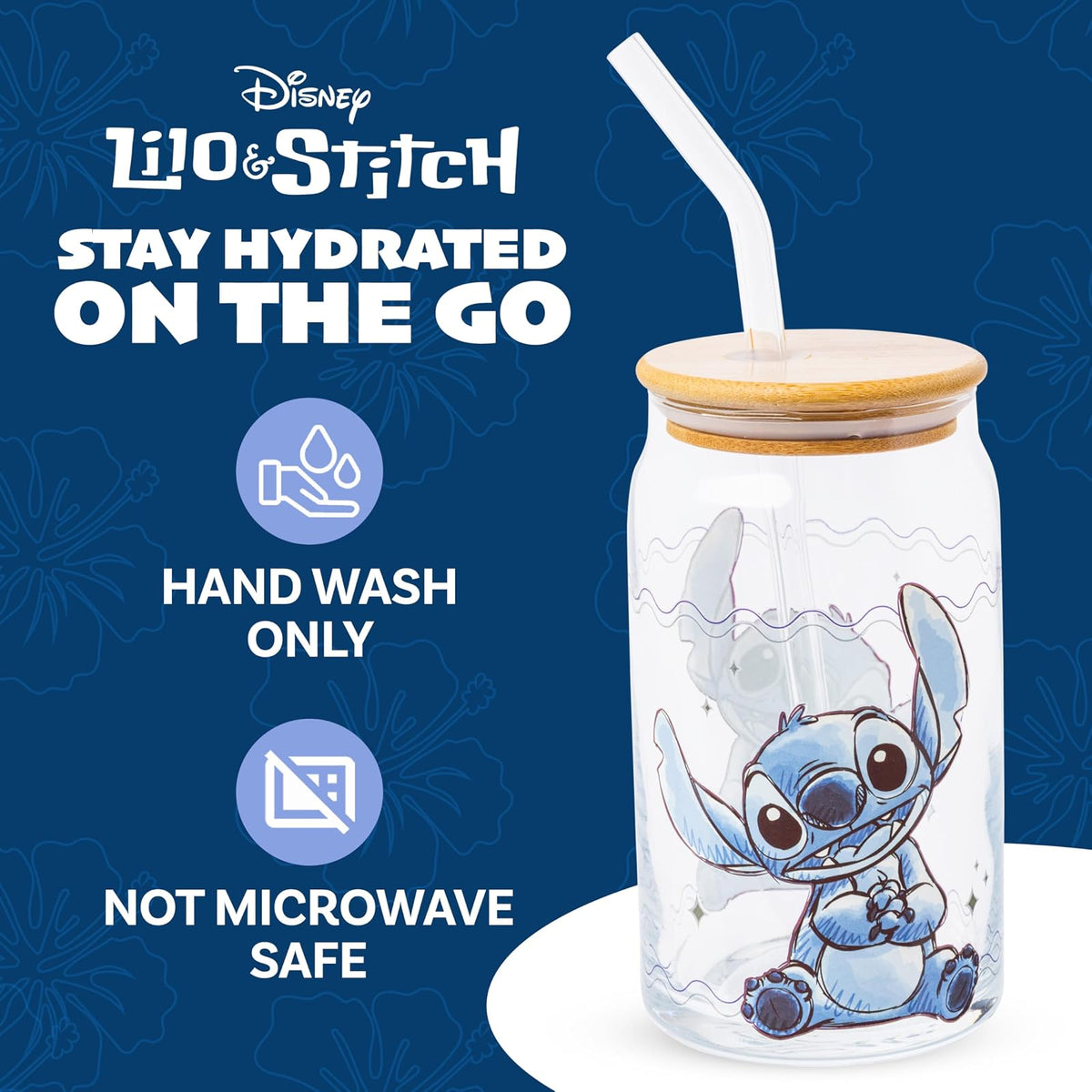 Silver Buffalo Disney Lilo and Stitch - Vaso de vidrio sentado con tapa de bambú y popote de vidrio, 16 onzas