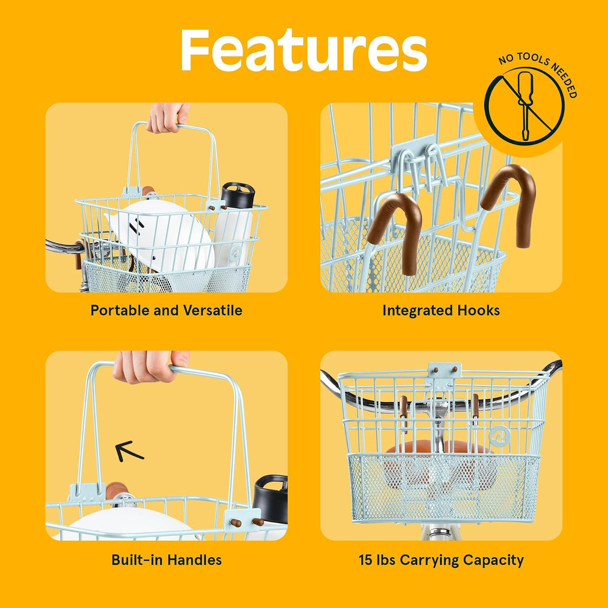 Bicycles Detachable Steel Half-Mesh Apollo Bike Basket with Built-in Handles, Weather-Resistant Steel and Integrated Hooks for Easy Assembly to Front Handlebar