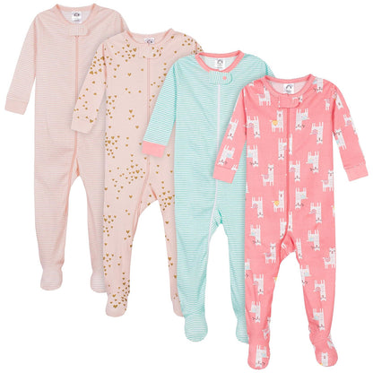 Gerber Paquete de 4 Pijamas con Pies Bebé Niña Estampado Dino y Animales Árticos - Love Llamas Pink - 18 Meses