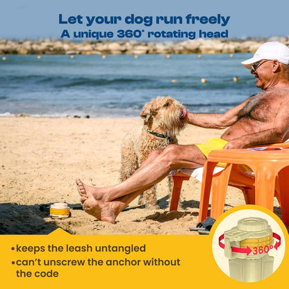 DIGGO - Estaca de Amarre para Perro para Playa Perros Grandes y Perros Pequeños | Orificio de Soporte para Sombrilla | Sistema Único de Bloqueo con Combinación Giratoria