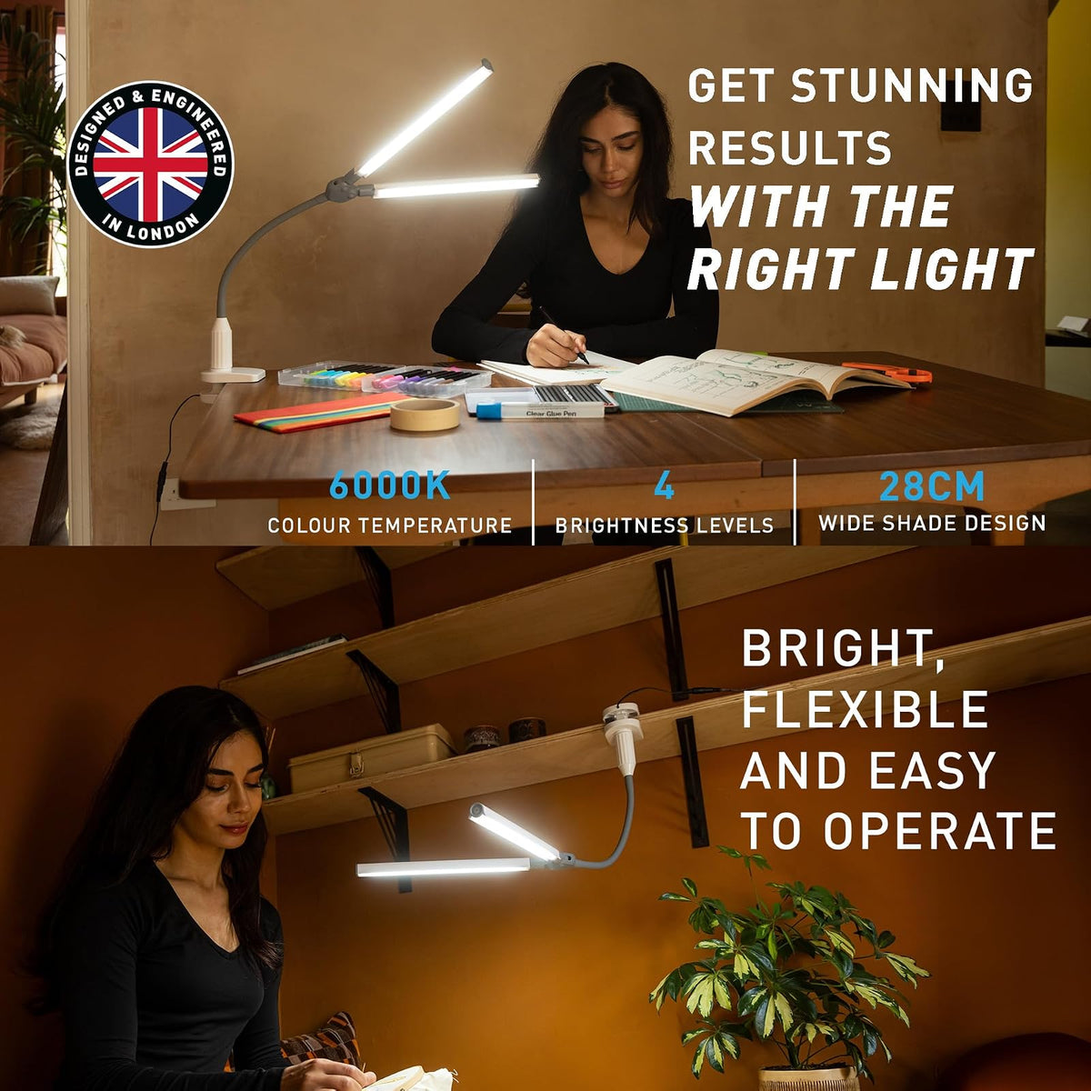 Daylight DuoPro - Lámpara LED con abrazadera – 6.000 K, 2.100 Lux a 12 pulgadas, 4 niveles de brillo, pantallas antirreflejos, brazo ajustable, diseño delgado, perfecto para costura, lectura,