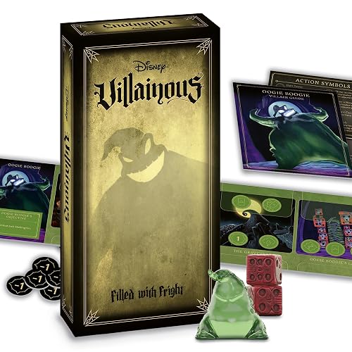 Ravensburger Disney Villainous Filled with Fright - Juego de Mesa de Estrategia - Únete a Oogie Boogie, Lock, Jack Skellington y más, Nueva expansión villana - Línea galardonada - A Partir de 10 años