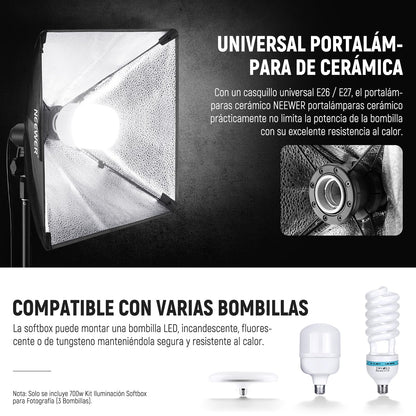 Neewer Kit de iluminación de Caja de luz Equivalente a 700 W, Paquete de 3 Bombillas LED con certificación UL de 5700 K, Cajas de luz de 24 x 24 Pulgadas con Enchufe E26, Kit de iluminación Continua