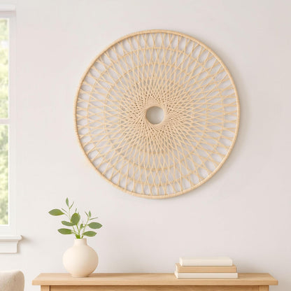Sagebrook Home Colgante de pared redondo pieza decorativa blanca de 36 pulgadas de ratán tejido de decoración de pared bohemio hecha a mano arte de bambú natural y madera para el hogar