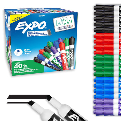 EXPO - Marcadores de borrado en seco, tinta de bajo olor, colores surtidos, punta de cincel, 40 unidades