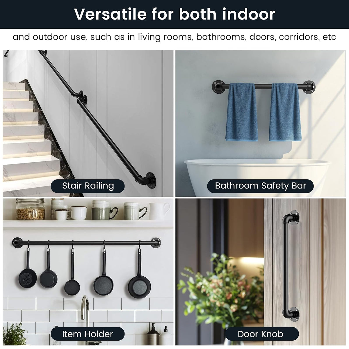 Pasamanos de escalera de tubería industrial, de metal para montaje en pared para escalones interiores y exteriores, hierro galvanizado negro, estilo clásico de granja, soporte resistente