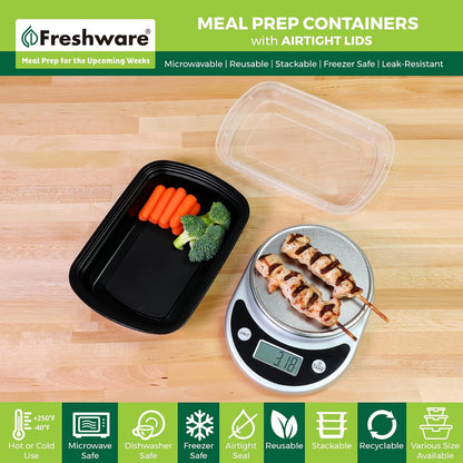 Freshware - Recipientes para preparación de comidas [45 unidades] 1 compartimento con tapas, recipientes de almacenamiento de alimentos, caja bento, sin BPA, apilables, aptos para